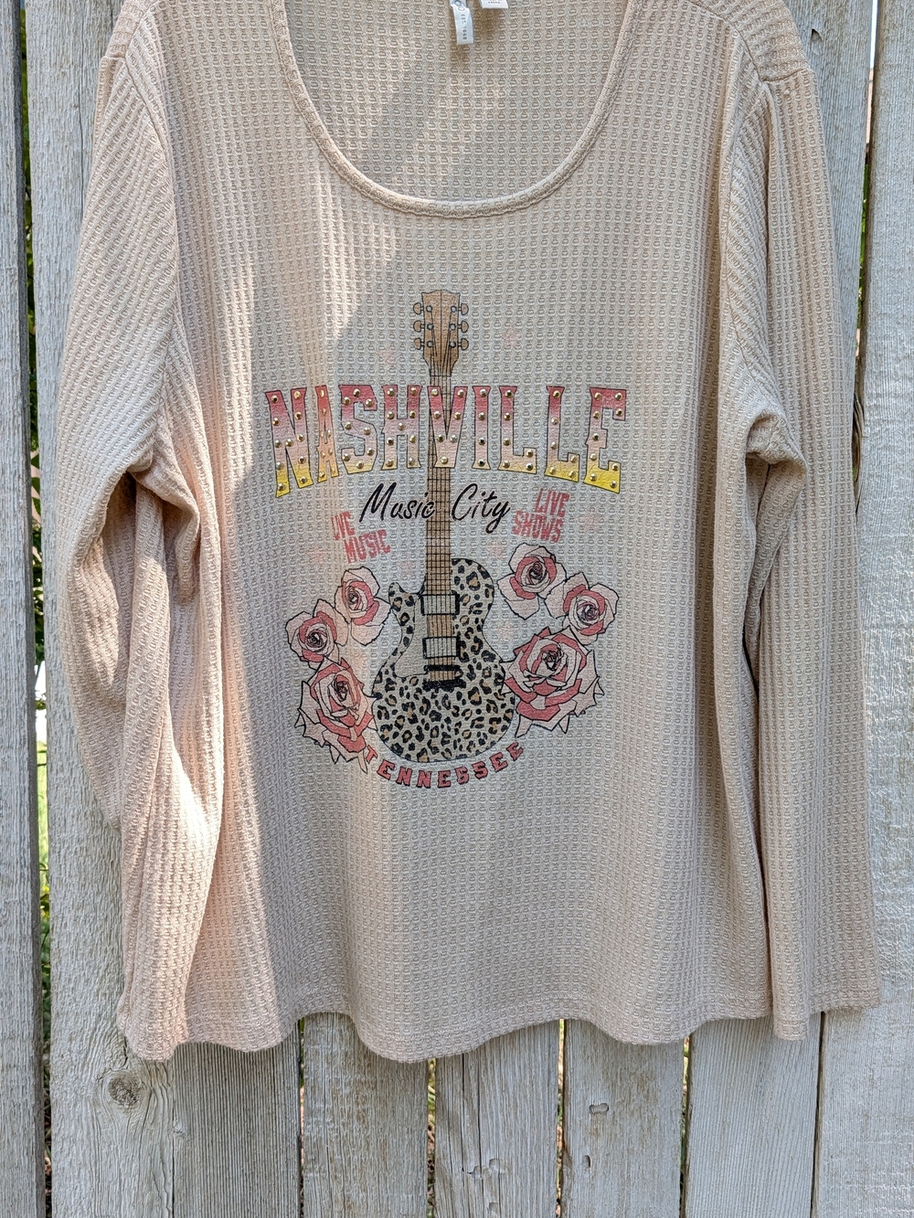 Cato Beige Nashville Graphic Waffle Knit Top XL Guitar Roses Animal Print - Picture 2 of 7